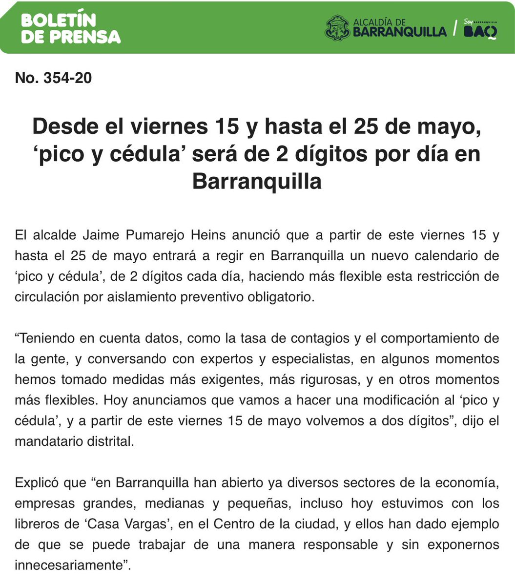 Quillainforma's tweet photo. #ATENCION nuevo pico y cédula en Barranquilla, a partir del viernes 15 de Mayo hasta el 25 de Mayo. https://t.co/4cYixICKnv