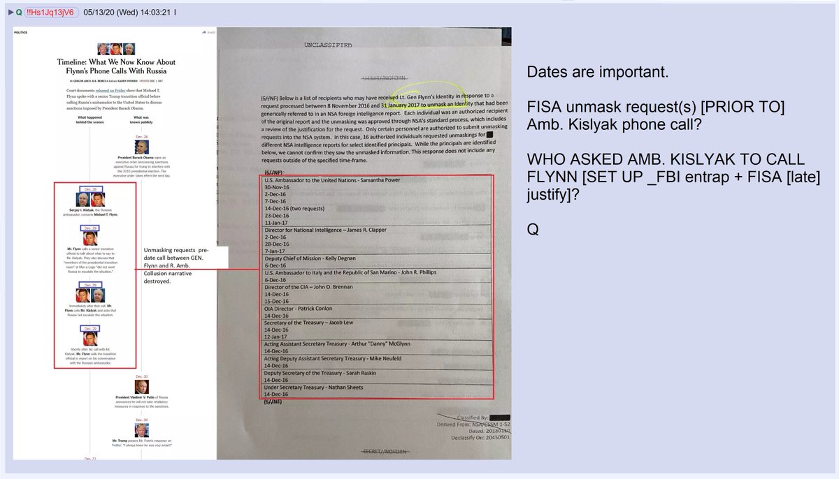 40) The Obama administration requested the  #unmasking of General Flynn's name more than a dozen times before his phone call with Ambassador Kislyak. Did they have a legitimate reason?Q suggested that that the FBI (belatedly) created a reason for the unmasking.