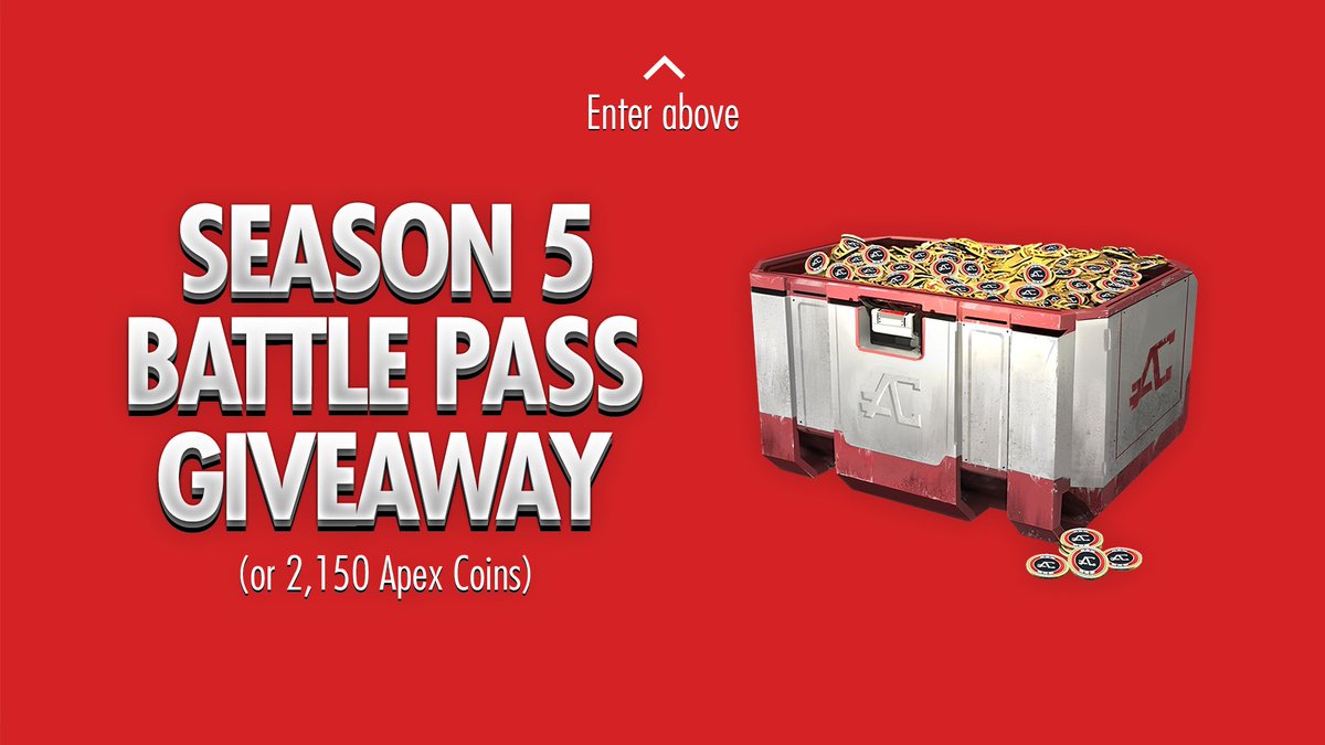 🚨 GIVEAWAY 🚨

To celebrate the launch of #ApexLegends Season 5, we're giving away 5 Battle Passes (or 2,150 Apex Coins).

TO ENTER, VISIT:
gleam.io/rOxMq/top-apex…