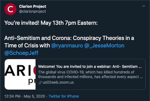 This is happening now-- hate group The Clarion Project is doing a webinar on "Anti-Semitism and Corona" with Light Upon Light's Jesse Morton and the NSM's Jeff Schoep.I'll livetweet it as long as I can stand.How's it going? Well, they just disabled the live chat. 