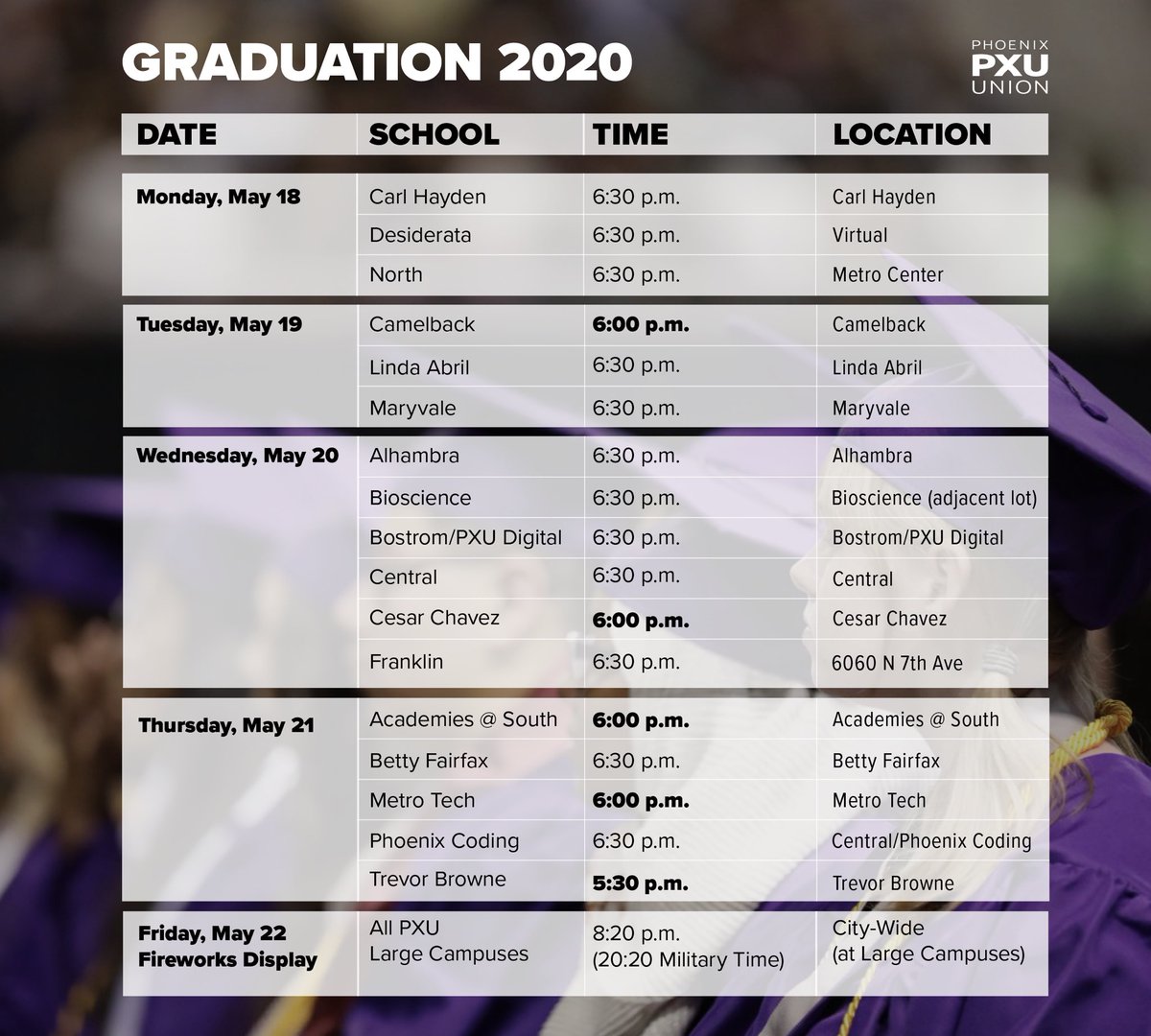 PhoenixUnion's tweet image. CLASS OF 2020!!! We miss you, we love you, and we want to honor you and all your accomplishments. Please view and share this schedule for our #PXU 2020 graduation ceremonies that will take place May 18-21. ✨🎓🎉#ThisIsWhoWeAre #AZClassof2020 #Classof2020