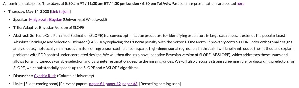 wfithian's tweet image. Tomorrow&apos;s ISSI speaker is Małgorzata Bogdan, who will speak about an adaptive Bayesian version of the SLOPE algorithm, for regression with missing covariate values. Discussion by Cynthia Rush to follow. 

Join at: sites.google.com/view/selective…