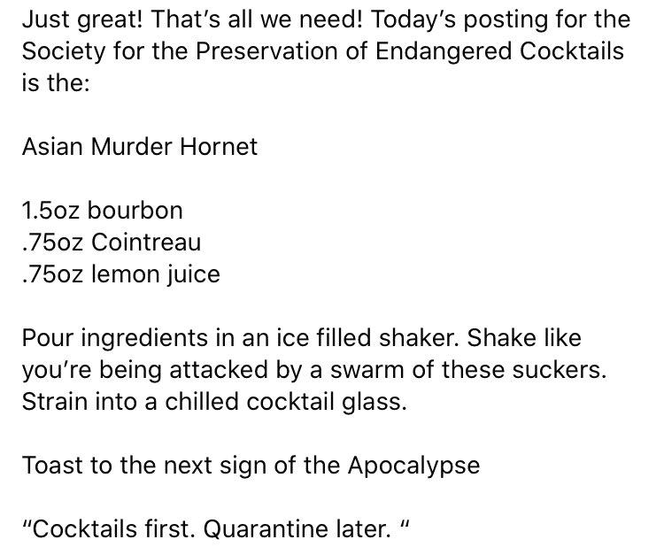 Today’s treat via <a href="/DPRKan/">‏َ</a> and The Society for the Preservation of Cocktails is the #AsianMurderHornet. Bottoms up! #bourbon #CocktailsFirstQuarantineLater