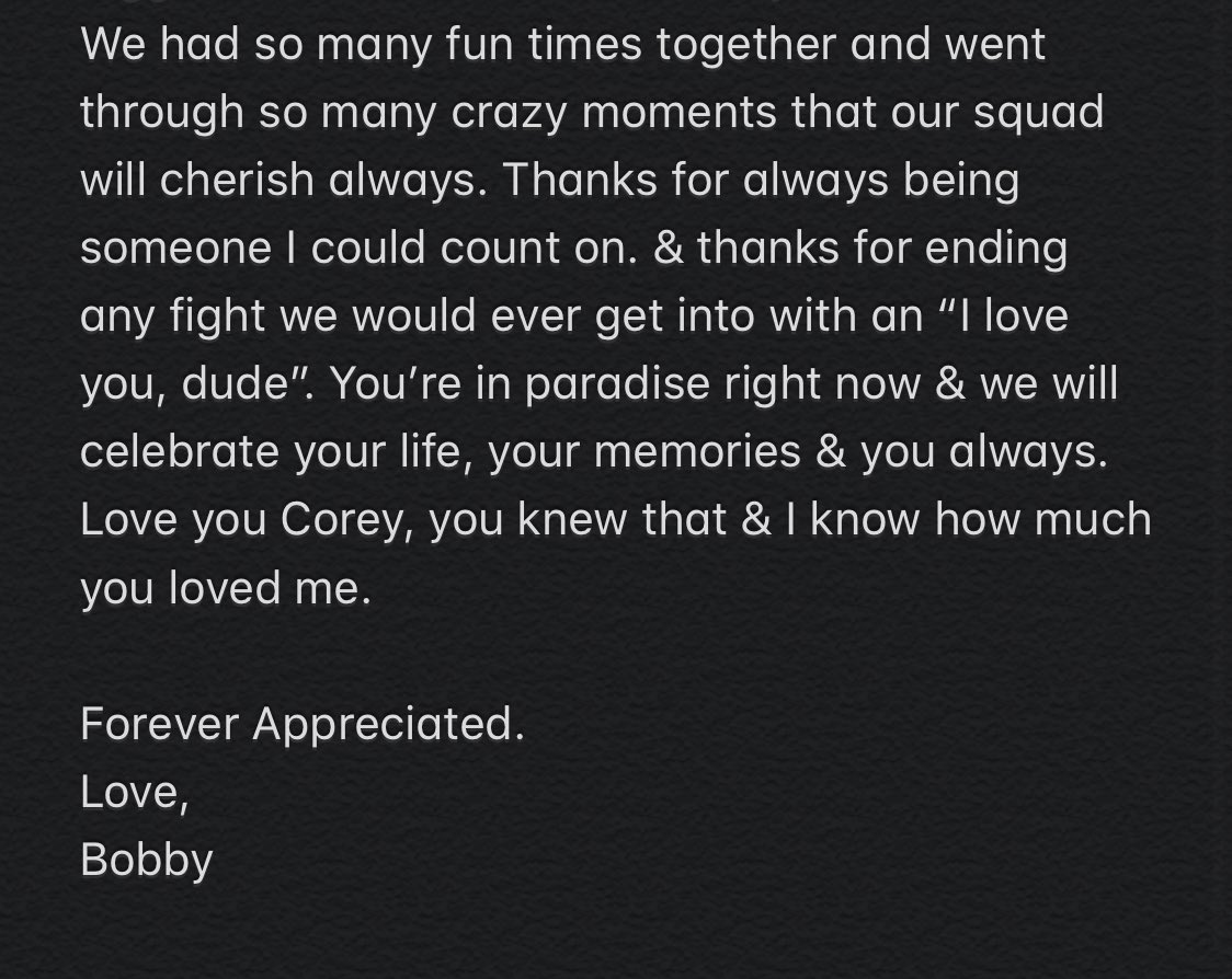LOVE YOU COREY LA BARRIE ❤️❤️
Rest In Paradise ❤️❤️