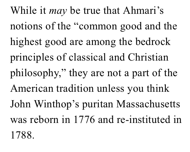 His Americanism, which is simply "synonymous" with the Enlightenment ideas of the Founders, conspicuously ignores the part played by The People.It is no wonder, then, that, according to Thompson, John Winthrop and the Puritan settlers are "not a part of the American tradition."