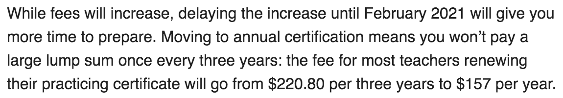 It seems fairly cynical for <a href="/MatatuAotearoa/">Teaching Council - Stand Tall. Shape the Future.</a> to drop this little nugget on budget day. I don't recall the option of annual certification being floated at any point of consultation. Talk about a #loselose situation. More money and more hassle.