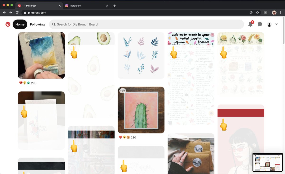Pinterest feed with about 70% of images overlayed with a middle finger emoji.
