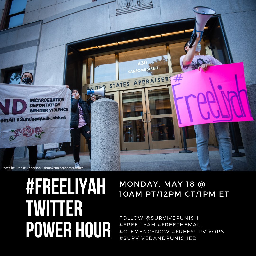 3 organizers stand outside the ICE building demanding Liyah's freedom with megaphones, holding signs. #FreeLiyah Twitter Power Hour: Monday, May 18 @ 10am PT/12pm CT/1pm ET. Follow @survivepunish #FreeLiyah #FreeThemAll #ClemencyNow #FreeSurvivors #SurvivedAndPunished