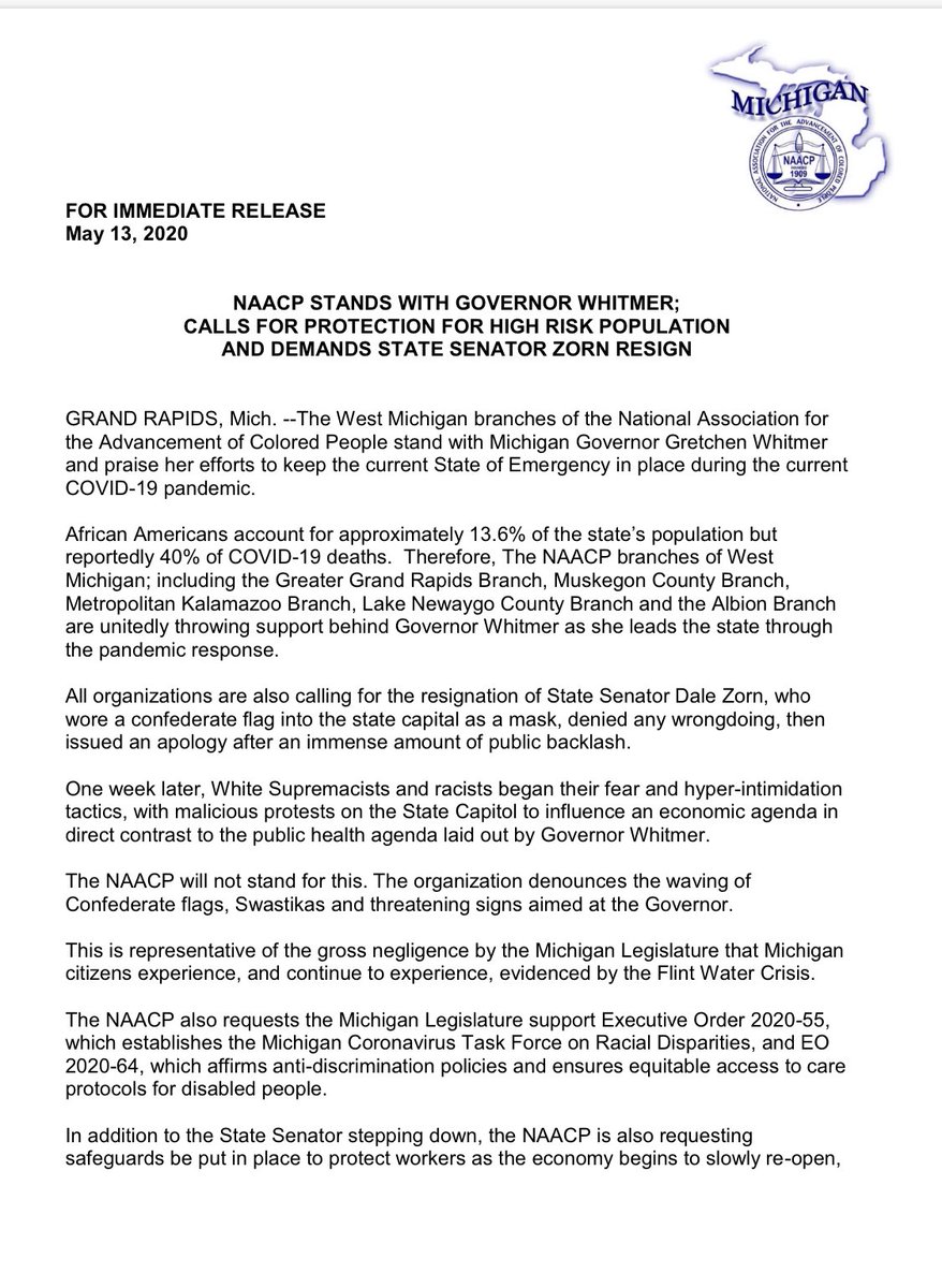 . @naacpgr and West MI Branches of  @NAACP stand with  @GovWhitmer, denounce symbols of hate and oppression at MI Capitol protests, call for protections for high risk workers and summer learning supports for at risk children.  @MISenDems couldn’t agree more.  @DerrickNAACP