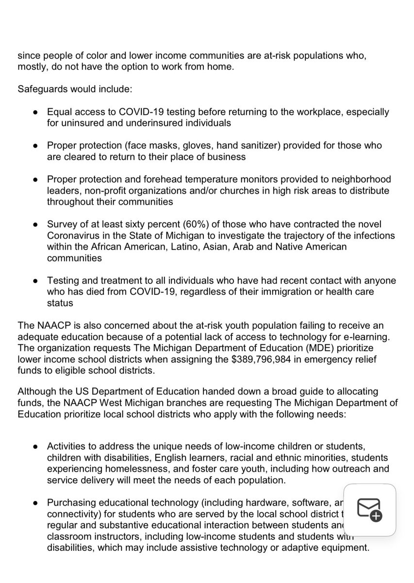 . @naacpgr and West MI Branches of  @NAACP stand with  @GovWhitmer, denounce symbols of hate and oppression at MI Capitol protests, call for protections for high risk workers and summer learning supports for at risk children.  @MISenDems couldn’t agree more.  @DerrickNAACP