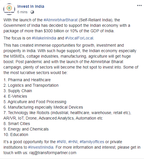 InvestInIndia_'s tweet photo. With the launch of the #AtmnirbharBharat (Self-Reliant India), the GoI has decided to support the Indian economy with a package of more than $300 billion or 10% of the GDP of India.

The focus is on #MakeInIndia #VocalForLocal.

To #InvestInIndia, #NRIs #HNI #investors #FDI DM us https://t.co/1foN9MNb1L