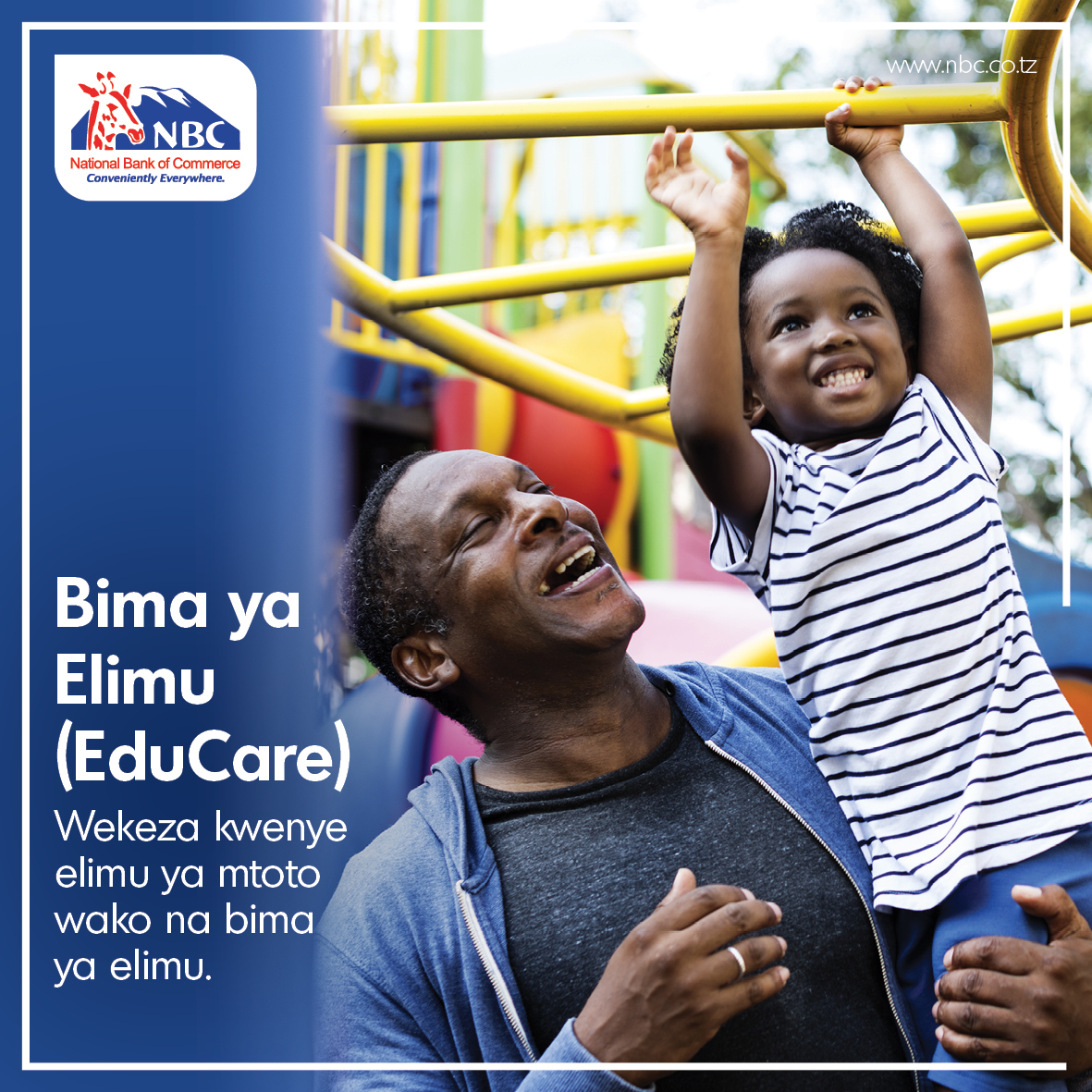 NBCTanzania's tweet photo. UHAKIKA WA ELIMU YA MWANAO!
Kata bima ya Elimu (EDUCARE) kupitia mpango maalum wa akiba kwa urahisi na unafuu zaidi kutoka NBC. Tembelea tawi letu lolote au Piga 0768 984 000 kupata huduma hii. #BakiSalama https://t.co/jEXHQuCT8A