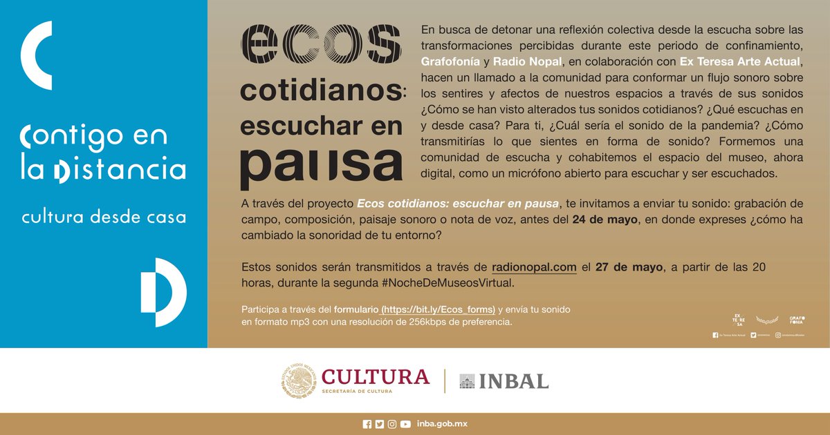 grafofonia's tweet photo. "Ecos cotidianos: escuchar en pausa"

Con mucho cariño lanzamos este llamado en conjunto con 
@radio_nopal y @exteresa a conformar un flujo sonoro de reflexiones en torno al cambio aural que percibimos desde y en nuestras casas.

Envía 👉🏼 https://t.co/2z0nQfRPAw

#SoundOn 🔊📢📣 https://t.co/OAdOYU4NhB
