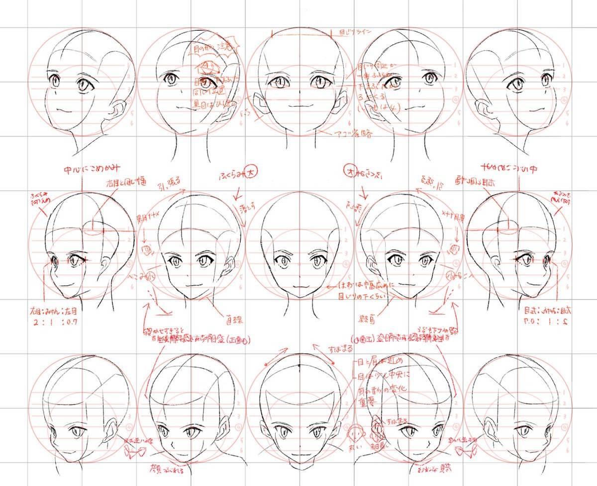 ট ইট র 日野まこと 顔の練習完了 正面 斜め 斜め 通常 アオリ 俯瞰の計9種類を描いたよ 右向きは反転しただけ 自分用の顔参考表にもなるから苦労した甲斐があったわ 3ヶ月で上達 3か月でさいとうなおきを倒す