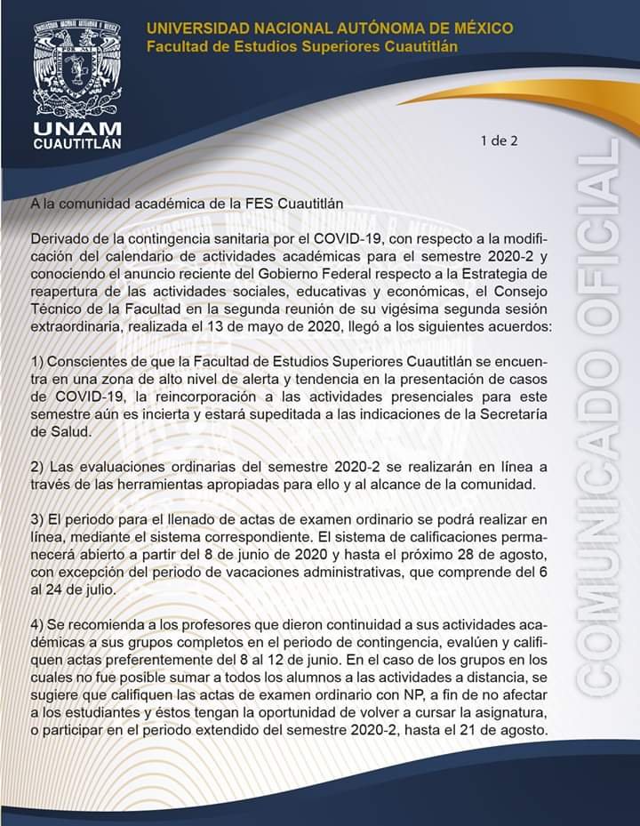 FESC_UNAM's tweet photo. #FESCuautitlán informa. El H. Consejo Técnico acordó diversas acciones para el seguimiento de las actividades académicas del semestre 2020-2. https://t.co/t3AlH8z9Ez