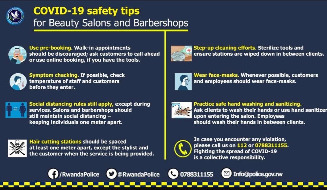 FutureTeamRw's tweet photo. Some COVID-19 risks and safety tips for Beauty Salons and Barbershops.
Also If possible, check temperatures of staff and/or customers before they enter to the beauty Salon. https://t.co/WiqdILGZjq