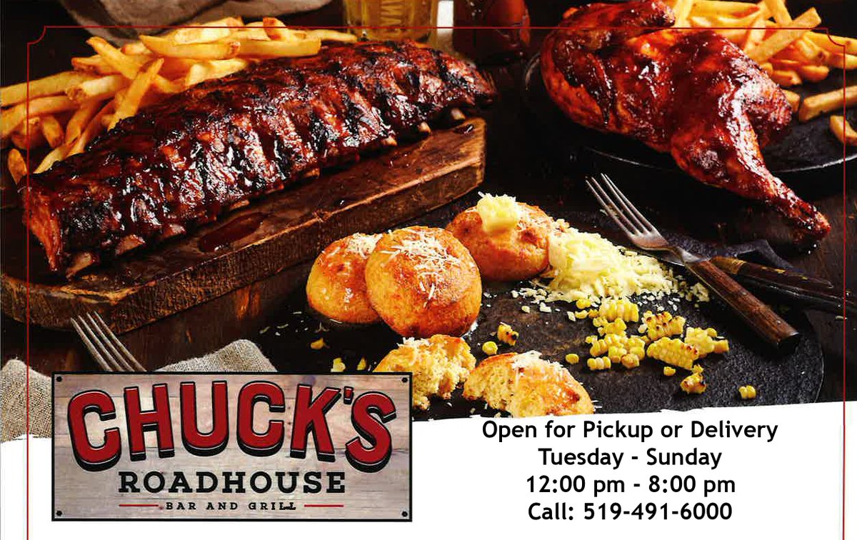 Chuck's Roadhouse Bar and Grill is back! Open for takeout or delivery Tuesday – Sunday from 12:00 pm-8:00 pm. For full menu and to order call 519-491-6000 or visit chucksroadhouse.com
