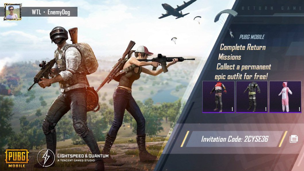 Complete PUBG MOBILE Return Missions! Collect a permanent epic outfit for free! My invitation code: 2CYSE36 ig-url.igamecj.com/D7hkyqlrUeuE