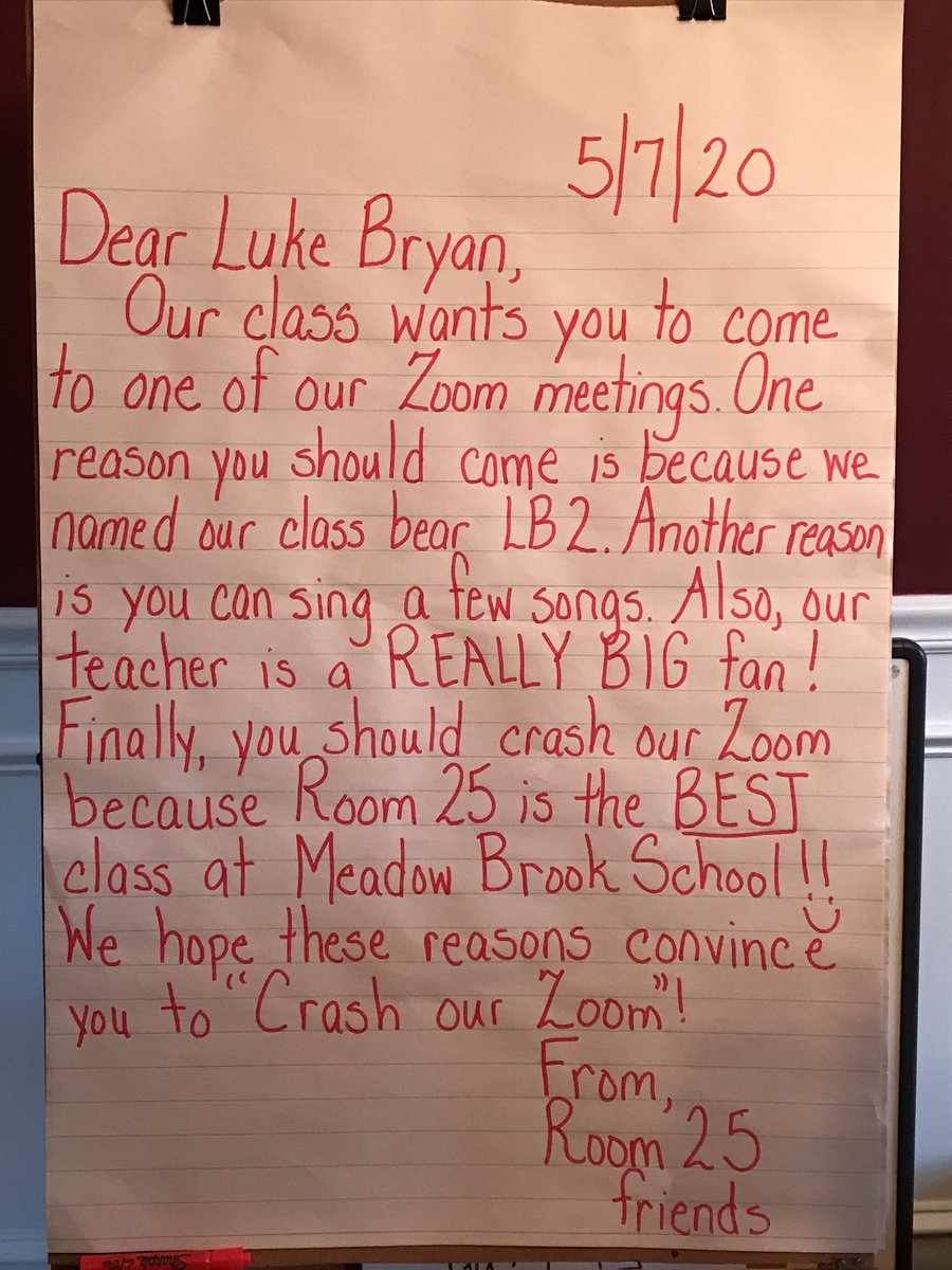 AnnedeeNY's tweet photo. @LukeBryanOnline  my class of 2nd graders have been meeting over @Zoom_us during our stay at home order and they wrote a special letter to you! Go ahead  CRASH OUR ZOOM! @AmericanIdol @GMA @bobbybones @RyanSeacrest  #joinourzoom #lukebryanlove https://t.co/6T6QSG4F1W