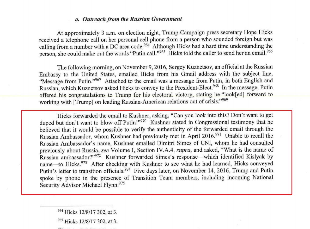 51) Simes helped Kushner identify Ambassador Kislyak, but there is no indication in the Mueller report that Simes set up the meeting between Flynn and Kislyak.