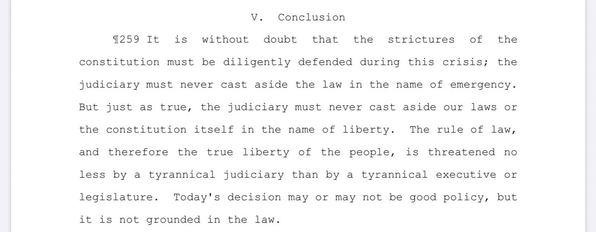 Justice Hagedorn’s criticism of his fellow conservative justices is quite remarkable. His scathing dissent correctly accuses them of reaching out and grabbing issues to help the Republican-controlled legislature kill Wisconsin’s stay-at-home order.  https://bit.ly/2Lsbric 