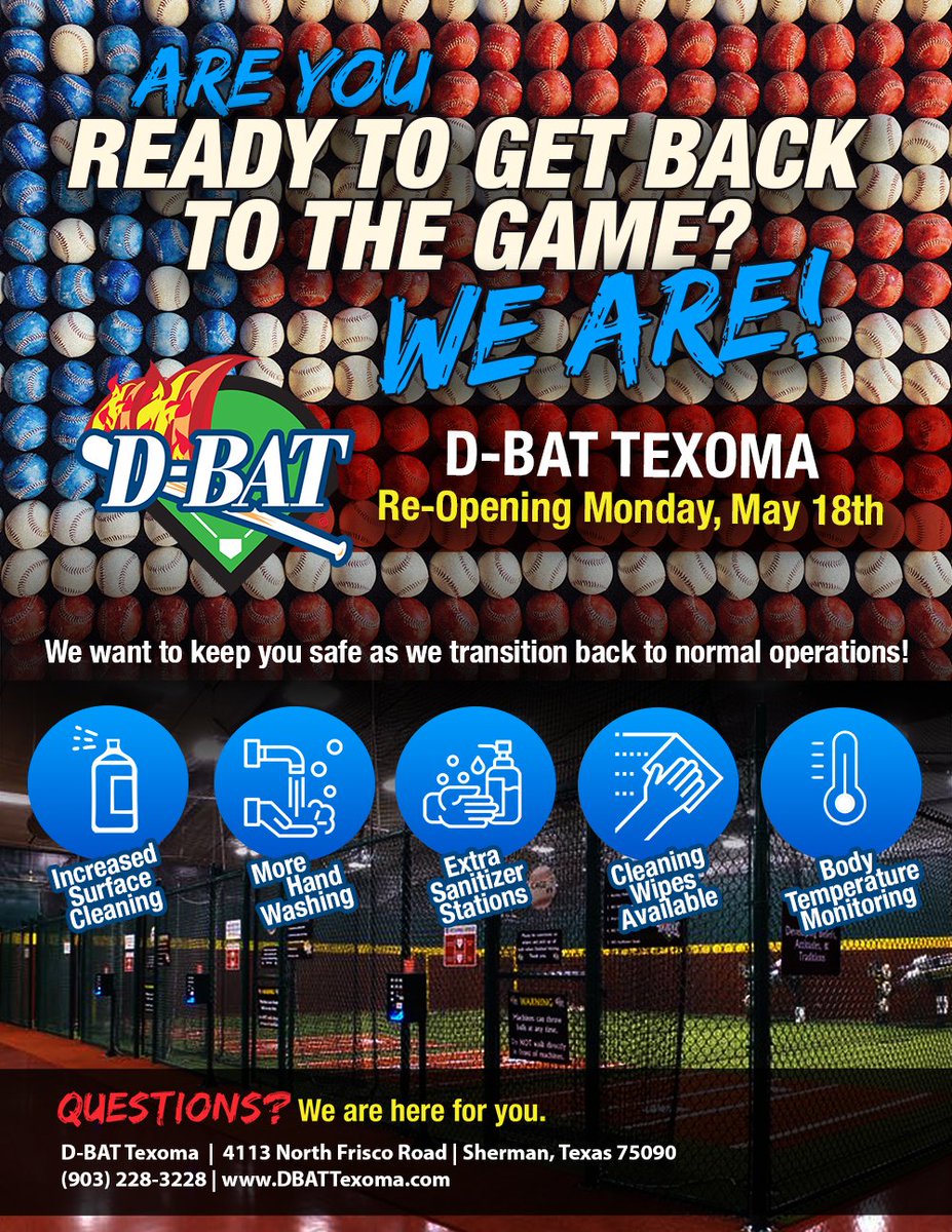 DBAT_Texoma's tweet photo. The count down is on!!!!

D-BAT Texoma Re-Opening on Monday, May 18th. https://t.co/iMJk5FC2YH
