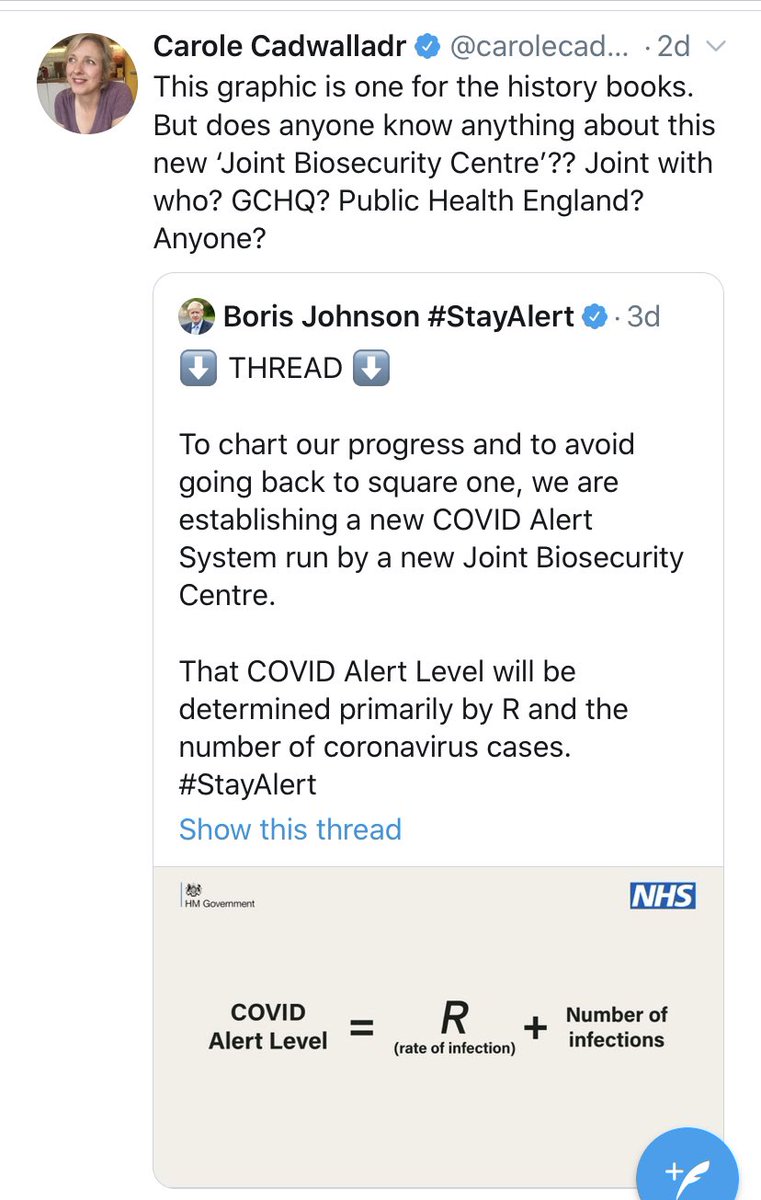 I can’t sleep so here’s a story in 4 screenshots. We first learned of new ‘Joint Biosecurity Centre’ on Sun. On Tues, that 4 friends of Gove/Cummings appointed to key roles in Cabinet Office. Today we learn ‘Biosecurity’ = counterterror/health mash-up. Based in Cabinet Office