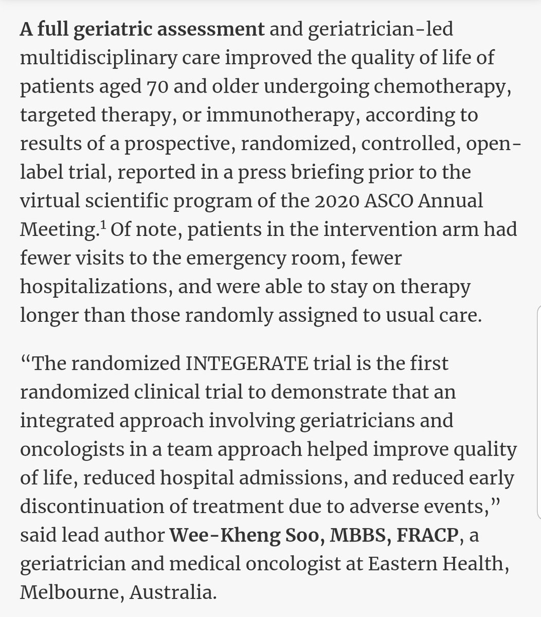 GeriOncologist's tweet photo. Congratulations to @KhengSoo1 such a great study showing the impact of geriatric assessment/management on outcomes of #gerionc pts. @ASCO #ASCO2020 https://t.co/UzpUtcNKPR