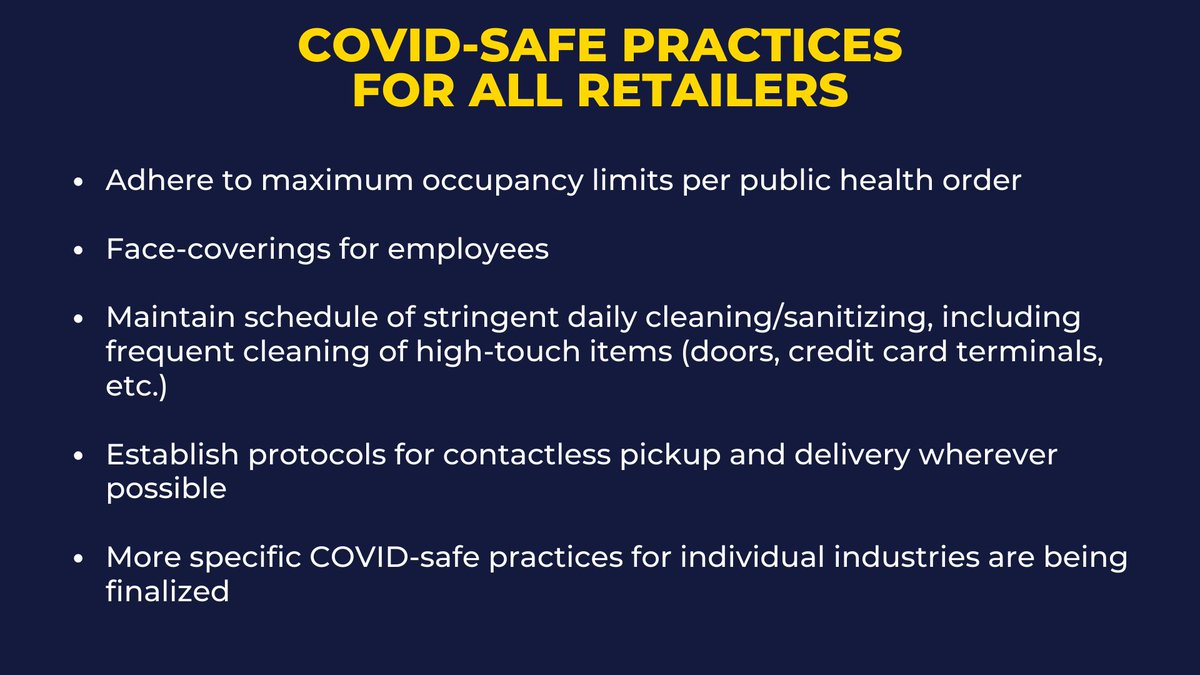 Opening retailers MUST adhere to COVID-safe practices, protecting both employees and customers, as well as the greater public.Responsibility is not optional.