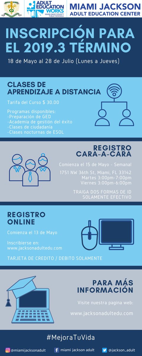 Jackson_Adult's tweet photo. ¡Regístrese en nuestros programas y #MejoraTuVida con #JacksonAdultEd! Ver abajo para información sobre cómo solicitar en línea o en persona 

 #MJAEC #MDCPSadulted #IgniteTheVision #MDCPSLearns #MDCPS 
@MDCPSOperations https://t.co/nzeDEM69WW