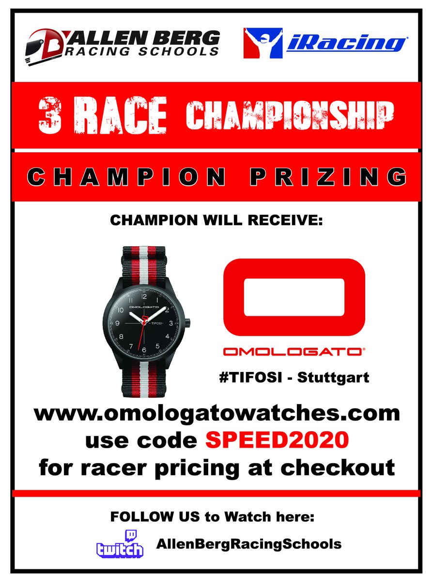 The overall Champion from our 3-race sim series will win an @OmologatoOro Tifosi Stuttgart watch. Can you believe it???? #WhatTimeIsIt #ABRS #simracer #simracing #omologato #motorsportwatches #iracing #racing
