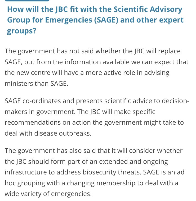 Even more alarming than politicisation of key civil service function? Read this.  @InstituteofGov believes ‘Joint Biosecurity Centre’ will take the place of SAGE in supplying govt with scientific advice. This is deeply deeply worrying. No transparency, oversight, accountability.