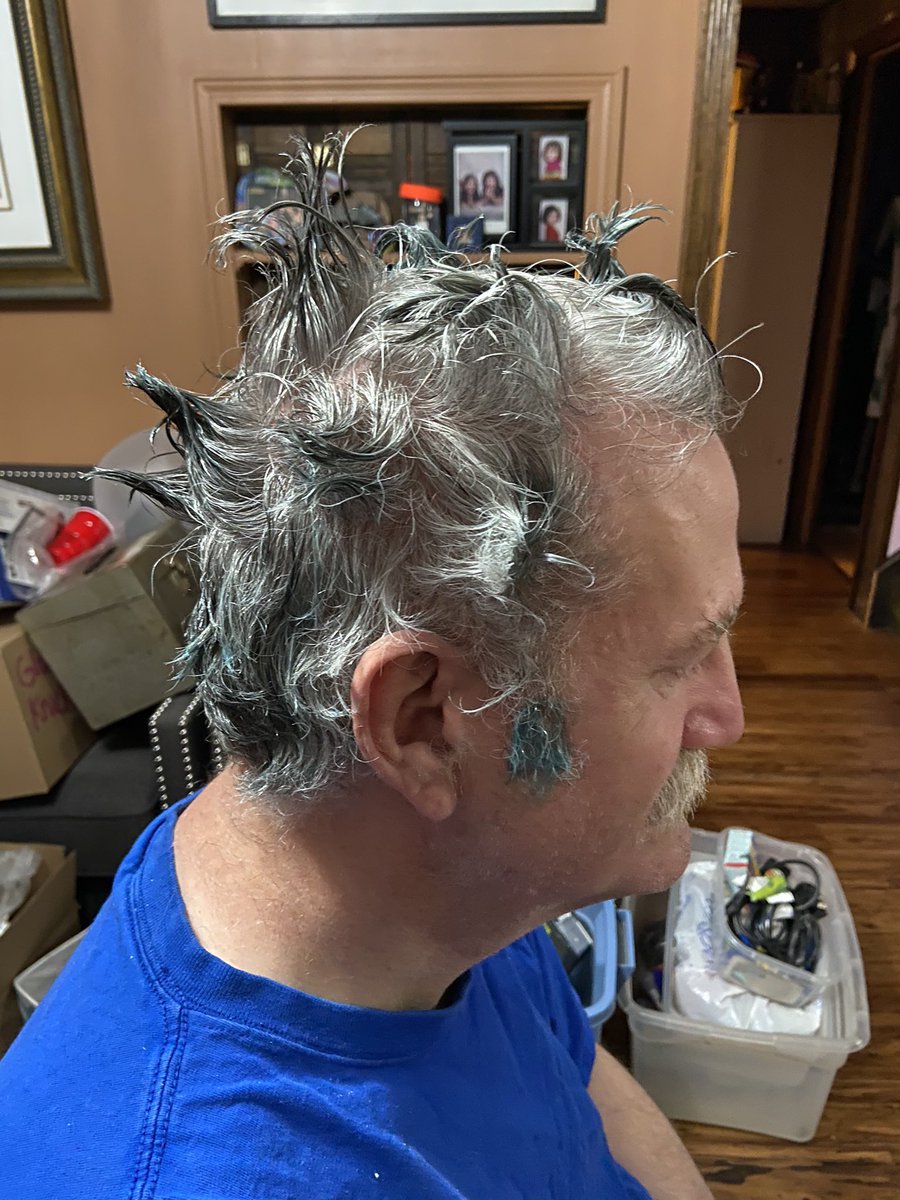 ForeverATable's tweet image. My poor father gave up his hair for a workplace competition!
The many ounces of hair hardener we went through to achieve this was very worth it.
