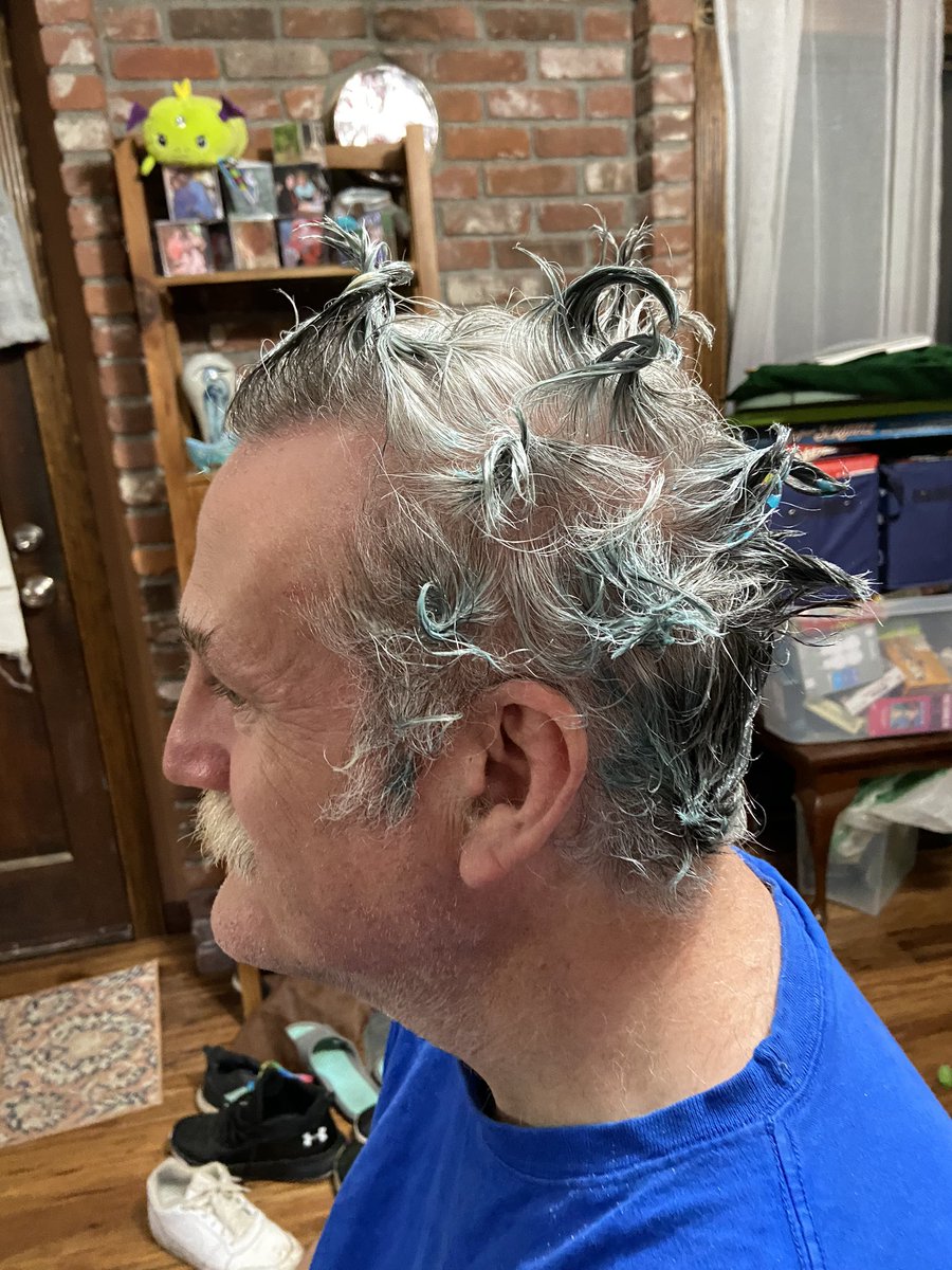 ForeverATable's tweet image. My poor father gave up his hair for a workplace competition!
The many ounces of hair hardener we went through to achieve this was very worth it.