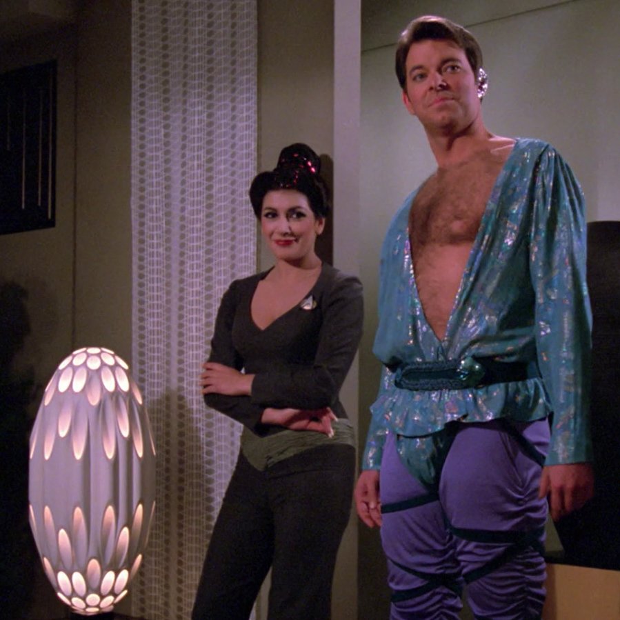 jakereed's tweet photo. @beartown Did you ever see the Angel One, from TNG? Probably the best Star Trek has done in this vein. The ship encounters a society run by women and Riker seduces the leader by wearing the men's traditional garb, acting like a Chad, and gifting her a meditation crystal. Good stuff. https://t.co/jl3c9cVfTz