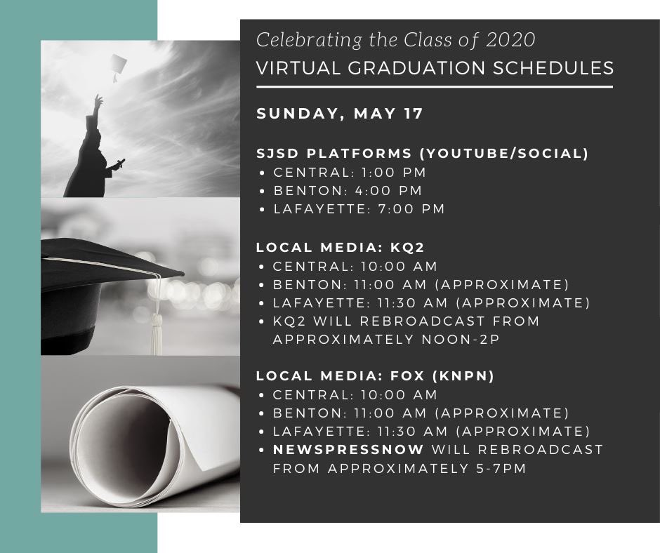 StJosephSchools's tweet photo. Please join us in celebrating @StJosephSchools #Classof2020 in unique fashion this year. There are numerous opportunities to view the virtual graduation ceremonies on Sunday, May 17. We hope one of the options provided below fits your family’s schedule. #WEareSJSD #InThisTogether https://t.co/6e3RMzAPdf