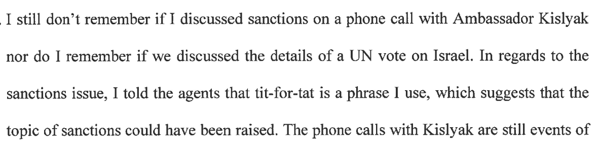 Flynn claims he still doesn't remember whether he discussed sanctions in the call. The record DOJ released last week make it clear that was the ONLY thing he cared abt on the call.
