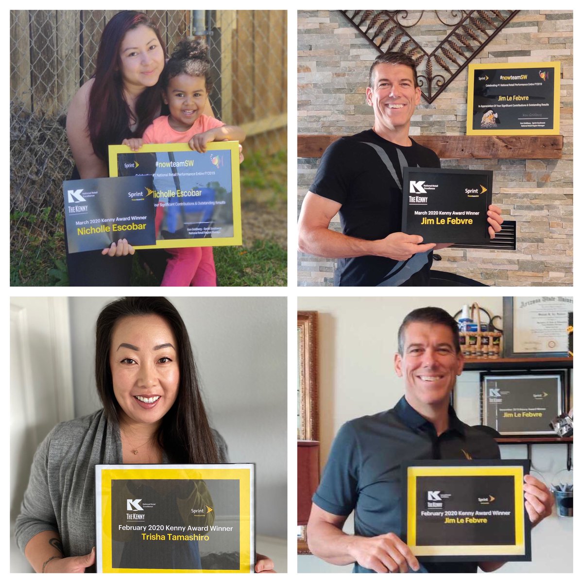 5GKennyG's tweet photo. COVID-19 can’t stop The Kenny Award recognition, even if it’s virtual. Congratulations to our March and February NRAE/ISM Winners (Left to Right) Top Row @A_SprintGal & @lefebvre_jim Bottom Row Trisha Tamashiro & @lefebvre_jim #nowtesmSW @TracyNolan_ @kkwestisbest @mmcmahon09 https://t.co/5yskwWVWcT