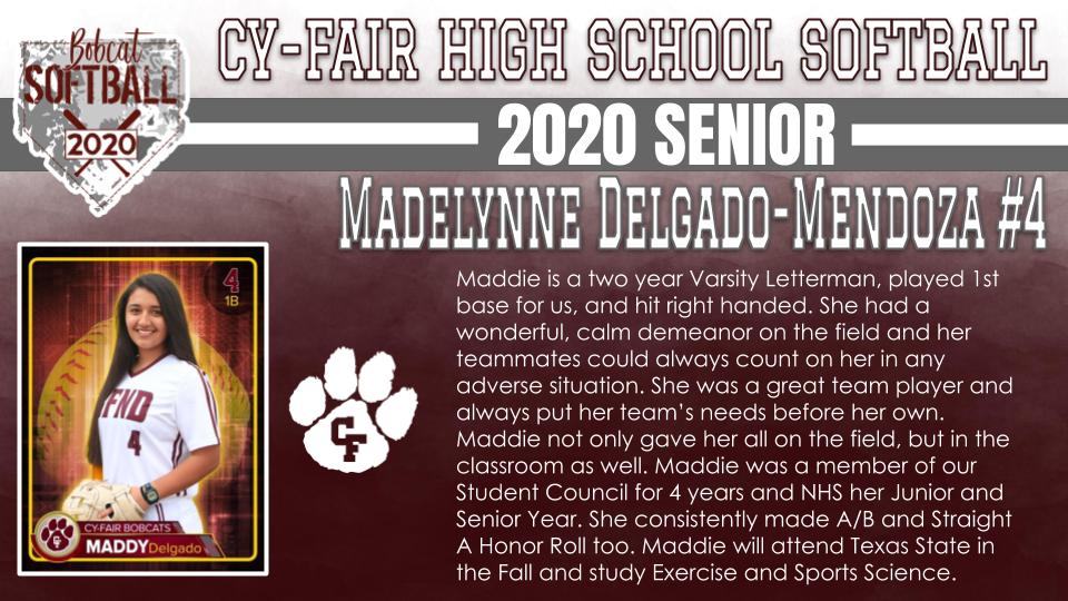 BFNDAthletics's tweet photo. Finishing out our senior recognition's with our softball and baseball seniors. Introducing our Class of 2020 Cy-Fair Bobcat Softball Seniors! McKenna Elwood, Marisa Eaken, Madelynne Delgado-Mendoza and Jaida Alvarez! #BFND #CFHS2020 https://t.co/B4XVhdKEzt
