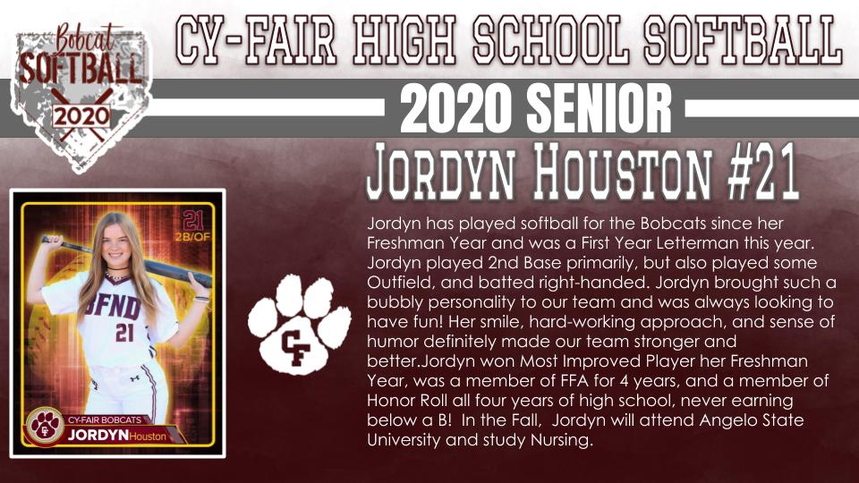BFNDAthletics's tweet photo. Finishing out our senior recognition's with our softball and baseball seniors. Introducing our Class of 2020 Cy-Fair Bobcat Softball Seniors! Priscilla Padilla, Jordyn Houston, Joselyne Gonzalez and Shae Garney! #BFND #CFHS2020 https://t.co/JGEoaVcFXM