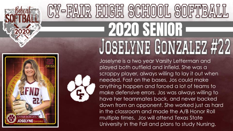 BFNDAthletics's tweet photo. Finishing out our senior recognition's with our softball and baseball seniors. Introducing our Class of 2020 Cy-Fair Bobcat Softball Seniors! Priscilla Padilla, Jordyn Houston, Joselyne Gonzalez and Shae Garney! #BFND #CFHS2020 https://t.co/JGEoaVcFXM