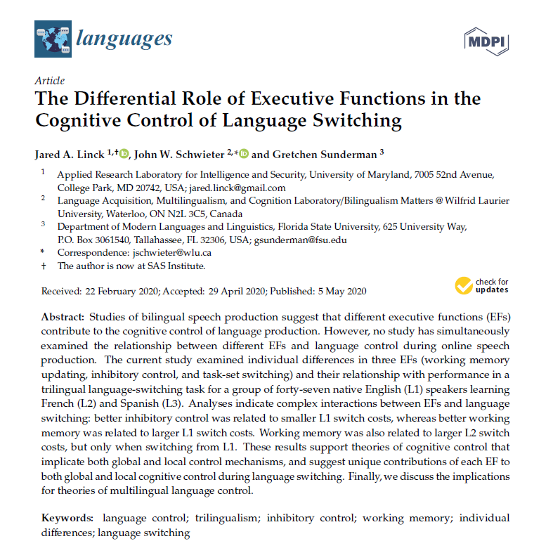 Languages_MDPI's tweet image. &quot;The Differential Role of Executive Functions in the Cognitive Control of Language Switching &quot; is published. Please read the full article via mdpi.com/2226-471X/5/2/…
#trilingualism
#languageswitching
#cognitivelinguistics