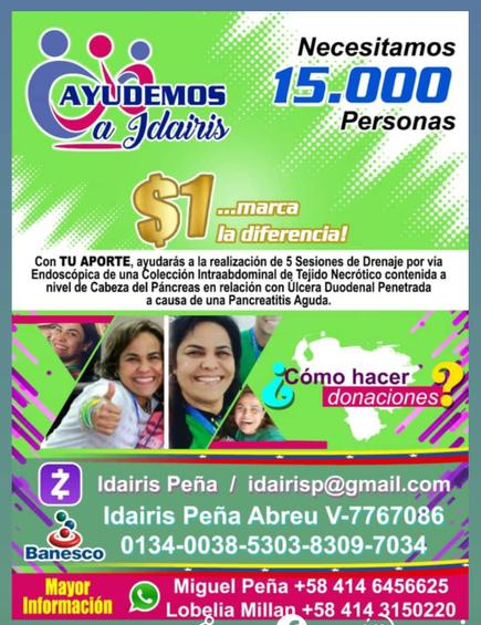 #URGENTE 🔴 Ella es idairis peña una luchadora, y servidora social.. Necesita realizarse 5 sesiones de drenaje por vía endoscopica de una colección intraabdominal, necesita de nuestra ayuda, contacto 04146456625 04143150220 #Venezuela #ServicioPublico