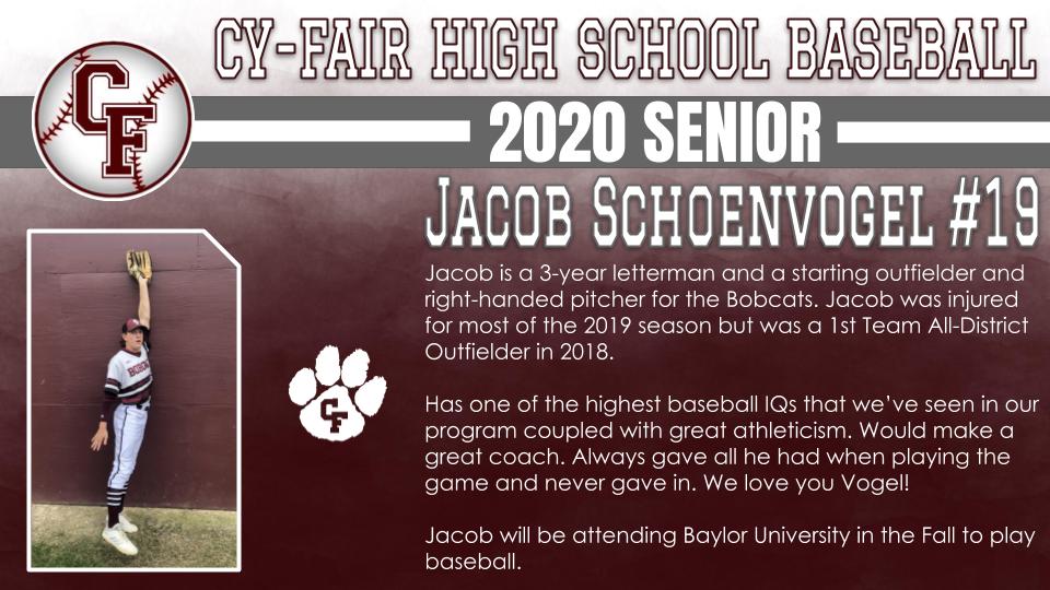 BFNDAthletics's tweet photo. Finishing out our senior recognition's with our Baseball Players. Introducing our Class of 2020 Cy-Fair Bobcat Baseball Seniors! Jacob Schoenvogel, Ethan Stubanas, Jake Dunagan and Anthony Gross! #BFND #CFHS2020 https://t.co/amW341JaMS