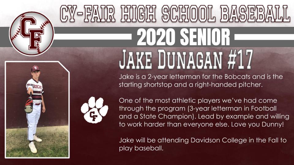 BFNDAthletics's tweet photo. Finishing out our senior recognition's with our Baseball Players. Introducing our Class of 2020 Cy-Fair Bobcat Baseball Seniors! Jacob Schoenvogel, Ethan Stubanas, Jake Dunagan and Anthony Gross! #BFND #CFHS2020 https://t.co/amW341JaMS
