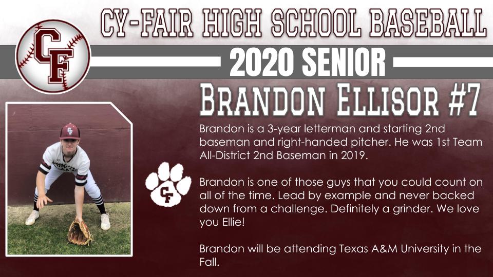 BFNDAthletics's tweet photo. Finishing out our senior recognition's with our Baseball Players. Introducing our Class of 2020 Cy-Fair Bobcat Baseball Seniors! Ethan Clark, Brandon Ellisor, Josh Bond and Rhett McCafferty ! #BFND #CFHS2020 https://t.co/RIDilnfR5W
