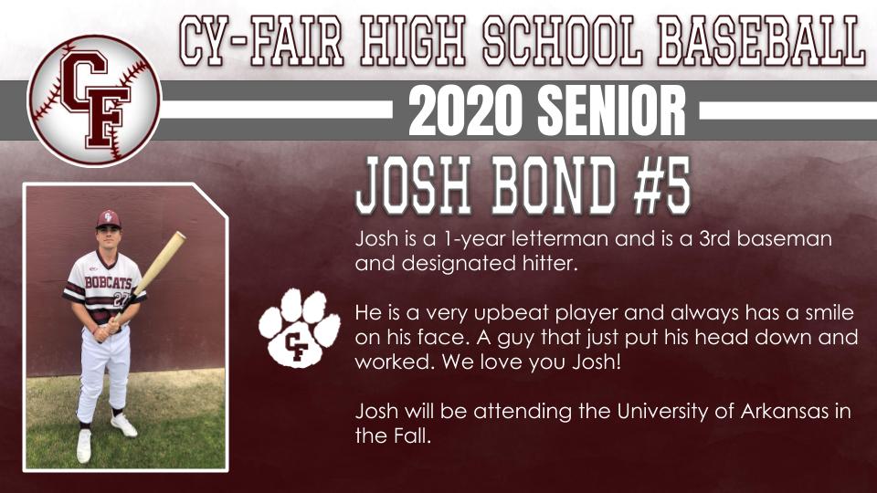 BFNDAthletics's tweet photo. Finishing out our senior recognition's with our Baseball Players. Introducing our Class of 2020 Cy-Fair Bobcat Baseball Seniors! Ethan Clark, Brandon Ellisor, Josh Bond and Rhett McCafferty ! #BFND #CFHS2020 https://t.co/RIDilnfR5W