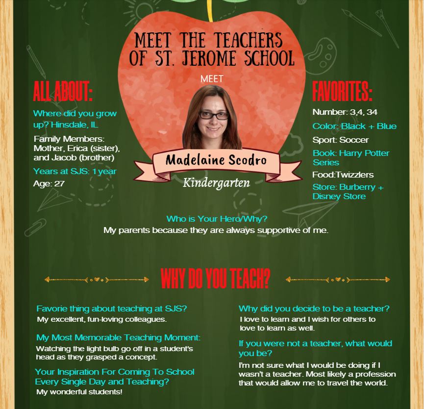 CatholicJerome's tweet photo. We are still featuring our awesome teachers and we want to introduce you to the TEACHERS OF ST. JEROME SCHOOL: MEET MADELAINE SCODRO- Kindergarten teacher! Thank you Madelaine for educating our little LIONS! We love you! #teacherappreciationweek #sjsstrong #sjsteachersrock https://t.co/5OLJHqGK7L