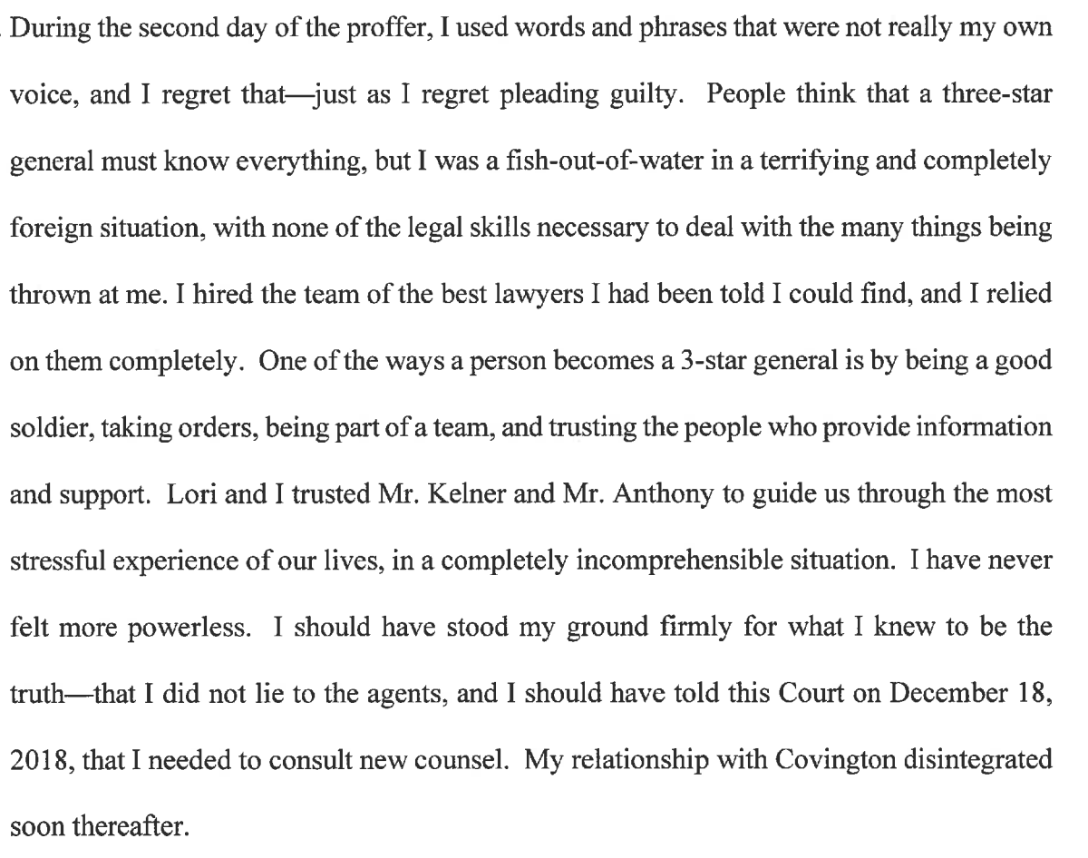 There are probably multiple reasons why Flynn said this. But I'm just leaving it here for everyone who had to undergo FBI interviews w/o Covington lawyers. Or 30 years of relevant experience.