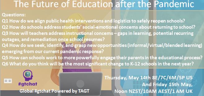 Questions for tomorrow's (5/14 US) Global #gtchat (#gifted #talented) Powered by #TAGT <a href="/TXGifted/">TAGT</a> Our topic: "The Future of #Education after #COVID19" w/Jessica Torres <a href="/Owl_b_TorresEdu/">Jessica Torres🦉M. Ed.</a> &amp; Andi McNair <a href="/mcnairan3/">Andi McNair #ameaningfulmess</a> #NAGC #edchat #txeduchat #txed #AussieED #vicpln #parenting #edtech